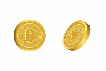 3D bitcoin isolated on white background in front and side view. Bitcoin, crypto currency, defi decentralized finance concept. For crypto investment and  digital stock market trading.