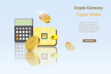 Digital E wallet, 3D bitcoin crypto currency and calculator. Crypto digital money saving in online e wallet account. Bitcoin investment, defi decentralized finance concept.