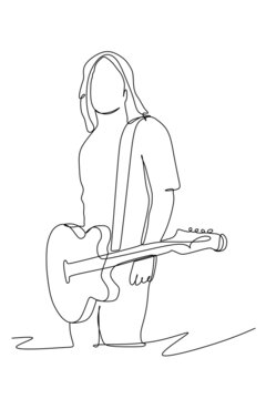 recommend clip art: Continuous line drawing of a male guitarist rocker play his electric guitar. Dynamic musician artist performance concept single line graphic draw design vector illustration