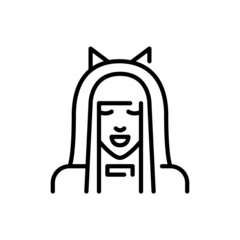 Cute anime cosplay girl with long hair wearing cat ears. Pixel perfect, editable stroke icon