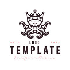 Emblem, octopus king animal logo template. octopus with king crown, for label, stamp, tattoo template, esport logo.