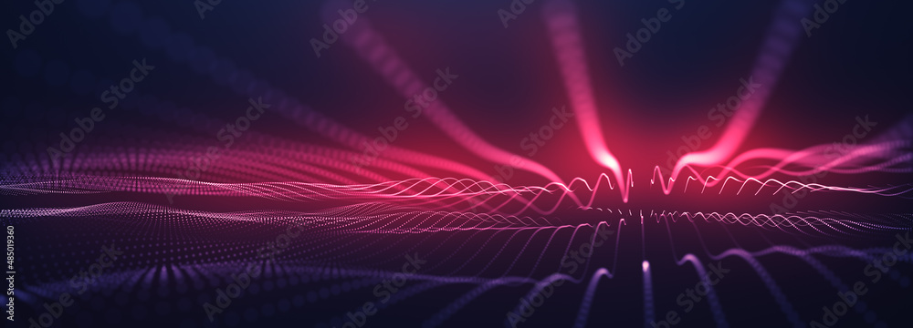 Wall mural abstract colorful digital particles wave with bokeh and light background, 3d render wave line dot ba