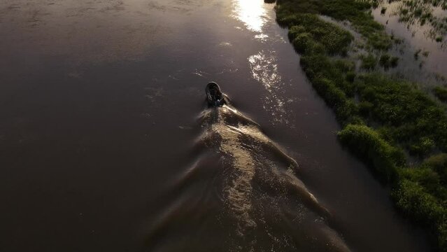 a fisherman on a boat sails towards the sunset towards Lake Baikal along the mouth of the Selenga River