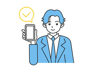 スマートフォン（スマホ）を手に持って画面を見せる男性のイラスト