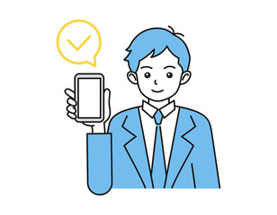 スマートフォン（スマホ）を手に持って画面を見せる男性のイラスト