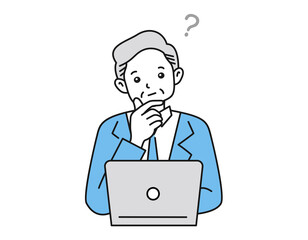 ノートパソコンの前で考え事をする年配男性のイラスト　ビジネスシーン