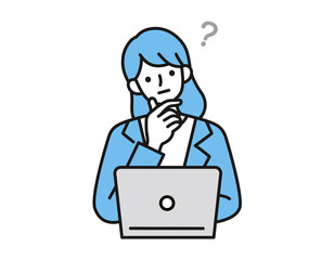 ノートパソコンの前で考え事をする女性のイラスト　ビジネスシーン