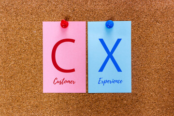 Conceptual 2 letters keyword CX (Customer Experience) on multicolored stickers attached to a cork...