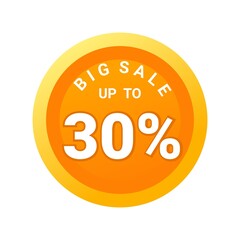 Big sale up to 30% off all sale styles in stores and online, Special offer sale 30percent discount 3D number tag voucher vector illustration. season label summer sale coupon promo banner holiday