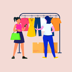 Happy women choosing apparel in modern retail store. Seller and buyer in showroom. Colored flat vector illustration of saleswoman and customer.