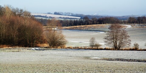 Winding dirt roads in winter. Moravia. Europe.