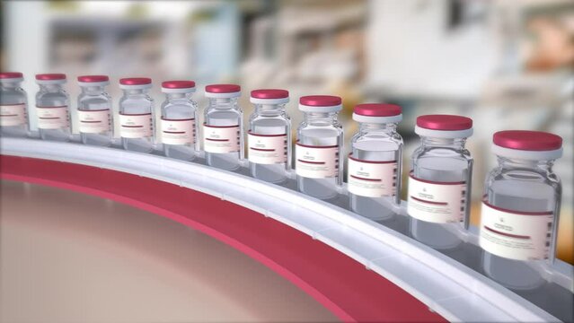 Mass production of coronavirus covid-19 vaccine. Manufacturing the vaccines on conveyor with covid-19 vials in the pharmaceutical laboratory. Medicine for immunization and vaccination, loop animation