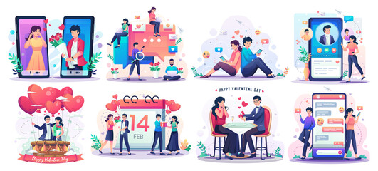 Set of Valentine's Day concept with romantic couple enjoying valentine's day. Online dating and social networking, virtual relationships concept flat style vector Illustration