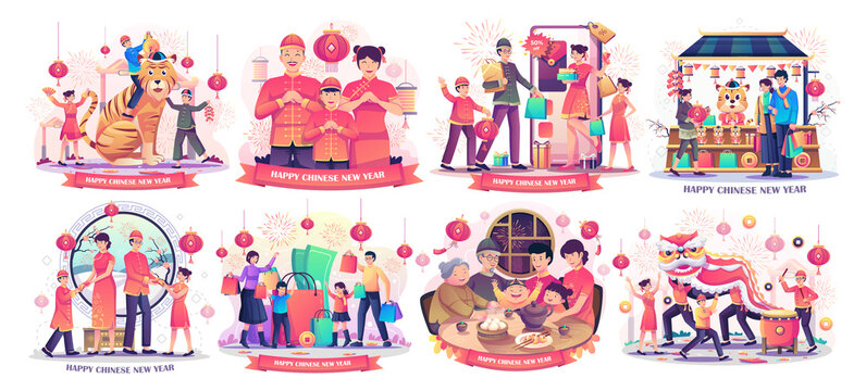 Set of Chinese New Year with Asian Family is having a reunion dinner. children playing with a Chinese dancing lion. family online shopping. flat style vector illustration