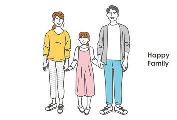 夫婦と子供の家族3人の全身イラスト素材