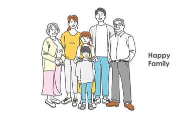 夫婦と祖父母と子供の家族全身イラスト素材