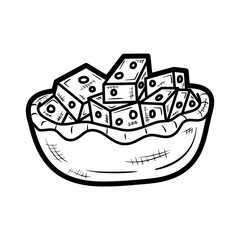 a bowl of mini cube cheese outline hand drawn doodle illustration vector logo icon