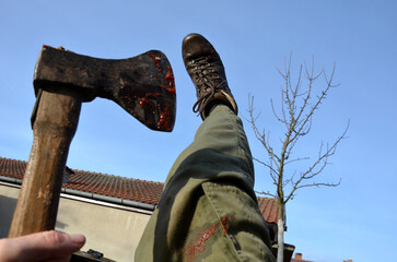 camping skills father with son. chopping wood logs from willow in autumn. the father shows with ax what can happen like cutting off an arm, fingers, foot. in the background wooden beehives beekeeper
