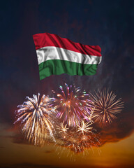 Holiday fireworks and flag of Hungary