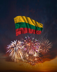 Holiday fireworks and flag of Lithuania