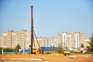 Reinforcement of reinforced concrete piles for the foundation on the construction site of a residential apartment and office building. Installation work on the construction site