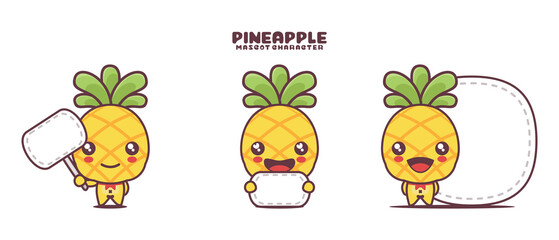 Fototapeta premium vector pineapple cartoon mascot, with blank board banner