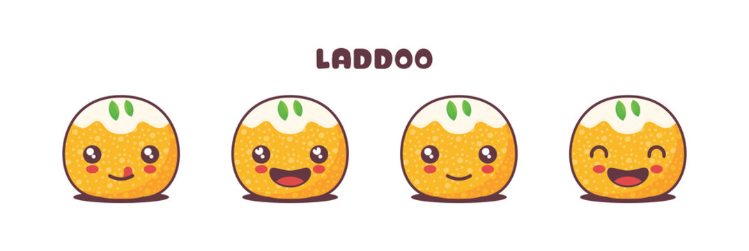 vector laddoo cartoon mascot, traditional indian food illustration, with different facial expressions