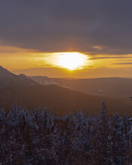 Winter forest with snow-covered fir trees high in the mountains. Dawn with bright colors on the horizon far away in the mountains. Golden clouds with the first rays of the sun.