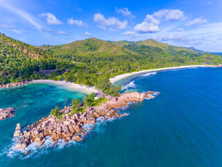 An aerial view on a rock between Grand Anse and Petite Anse on Praslin island, Seychelles