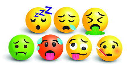 vector round yellow cartoon bubble emoticons social media Facebook Instagram Whatsapp chat comment reactions, icon template face Mouth spew vomit Hot Overheated Woozy Wavy Mouth Sleep Snoring Disgust