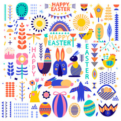 Happy Easter vector set illustration with chicken, rabbit cut in paper art style. Silhouette illustration. Vector drawing. Festive illustration. Happy easter banner. Geometric elements.