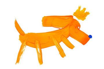 Orange painted dog with a crown isolated on white background. Colorful oil paint