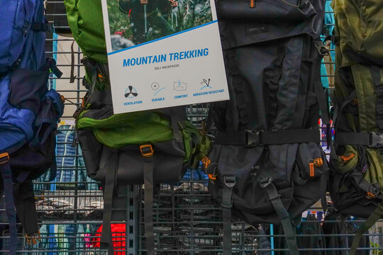 ULUBERIA, HOWRAH, WEST BENGAL / INDIA - 18TH MARCH 2018 : Colorful mountaineering bags are on display at Dechathlon S.A. store , world's largest sporting goods retailer. Editorial stock image.