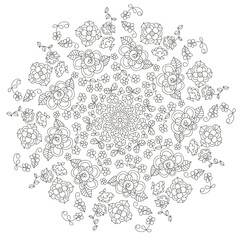 Round monochrome pattern of abstract floral elements for coloring.