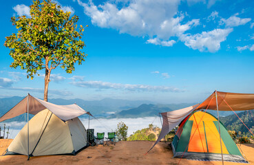 mountain camping travel tent.. and morning fog