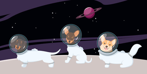Cute dogs in spacesuits in space. Cartoon design,  © Юлия Викленко