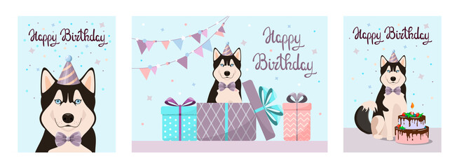 A set of greeting cards with a cute husky. Happy Birthday. Cartoon design.  © Юлия Викленко