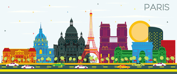 Paris France City Skyline with Color Buildings and Blue Sky.
