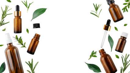 Dropper and spray bottles with oil and herbs isolated on white background flat lay view with copy...