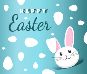 Happy Easter banner or postcard. Trendy Easter design with typography, a smiling rabbit in the hole and a background with eggs in blue tones. Sample of white eggs. Modern minimalist style.