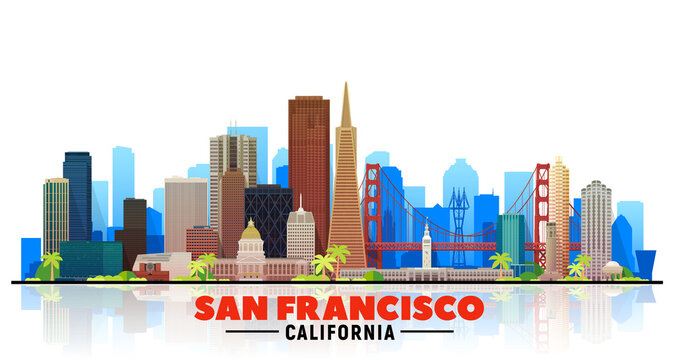 San Francisco City (USA) line skyline with panorama in white background. Vector Illustration. Business travel and tourism concept with modern buildings. Image for banner or website.
