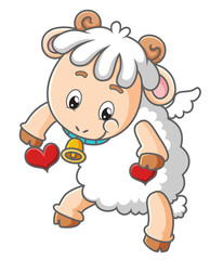 The happy baby sheep is flying the little love balloons