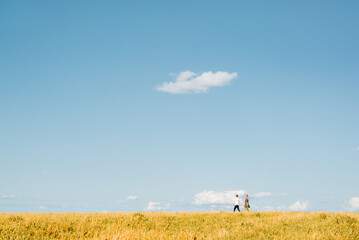 Far view caucasian love couple holding hands walking on horizon in nature on sunny summer day, young family against blue sky, copy space. Romantic trip, love story adventure concept