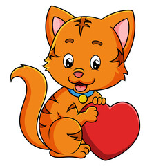 The cute cat is sitting and holding the love doll