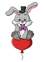 The happy rabbit is sitting on the flying love balloon