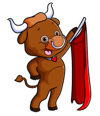 The bull is standing while holding a red flag