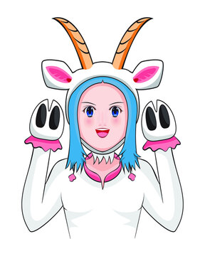 cute young woman or lady or teen costume or cosplay or dress in and action as white goat one of twelve Chinese zodiac year drawing in cartoon vector