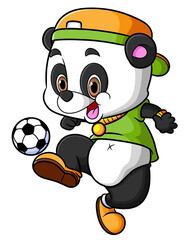 The happy panda is playing the football in the day