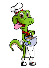 The chef lizard is mixing the soup with the spoon