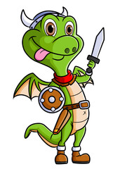 The funny dragon as the knight with the sword and shield